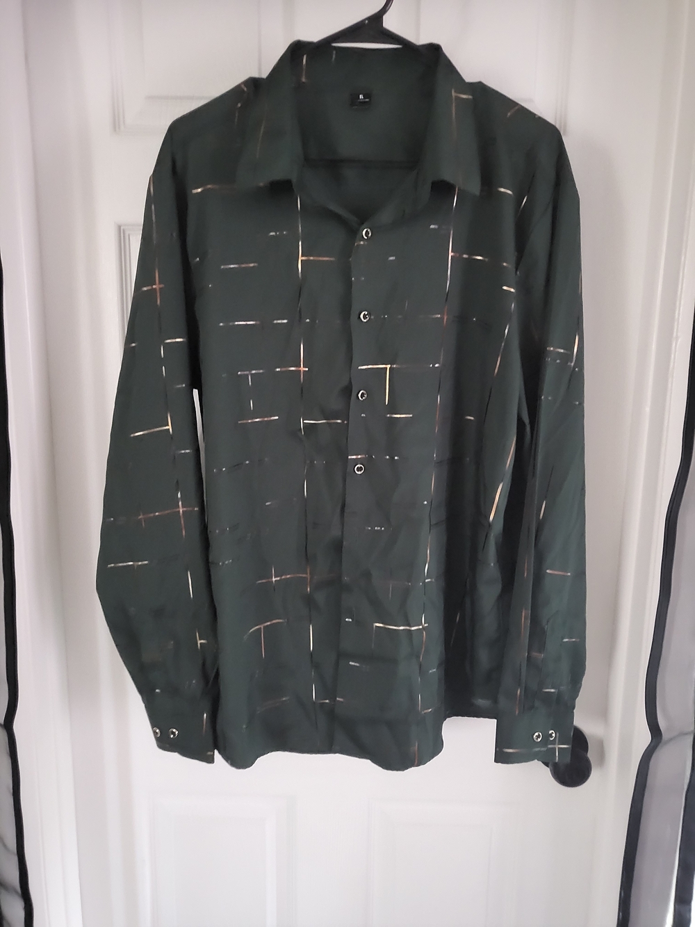 SHEIN Dark Green Button-Up Shirt with Metallic Grid Accents